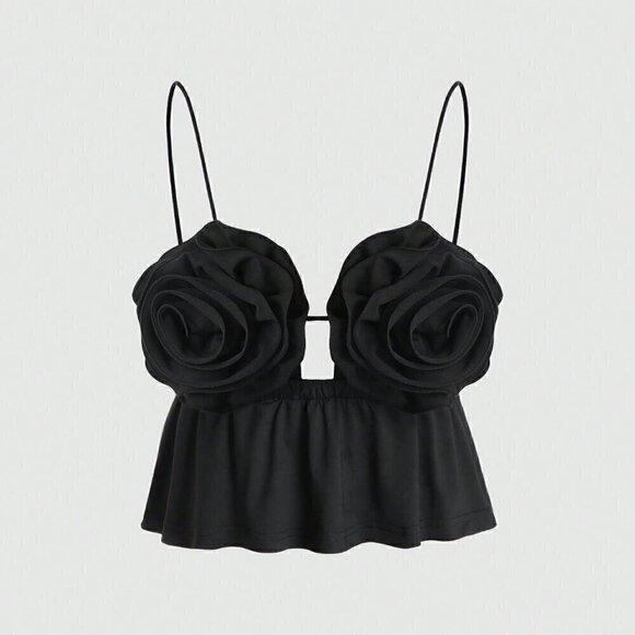 Tops - Black Sexy Women's Hollow Out Front Tank Top With 3d Flower Decor